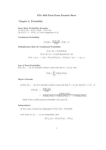 STA 4032 Final Exam Formula Sheet Chapter 2. Probability