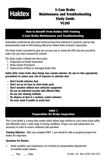 S-Cam Brake Maintenance and Troubleshooting Study Guide - Haldex