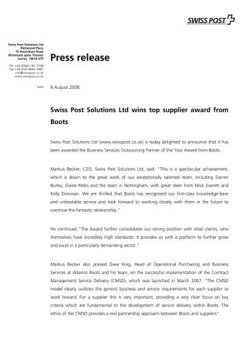 Press Release - Swiss Post Solutions Ltd wins top supplier award ...