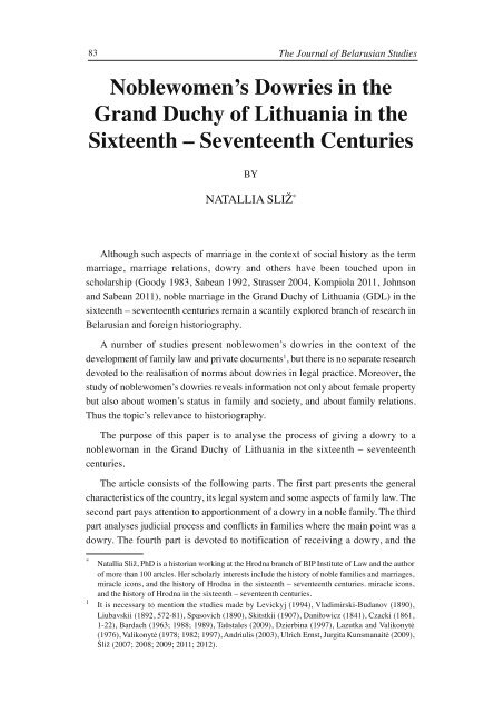 Noblewomen's Dowries in the Grand Duchy of Lithuania in the ...