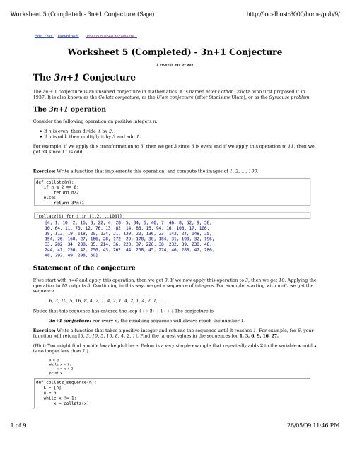 Worksheet 5 (Completed) - 3n+1 Conjecture