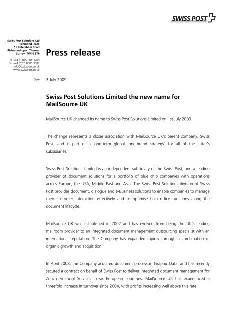 Swiss Post Solutions Limited the new name for Mailsource UK