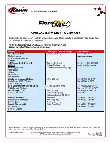 AVAILABILITY LIST - GERMANY - FloraGlo Lutein