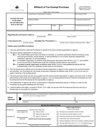 Affidavit of Tax Exempt Purchase - City of Westminster