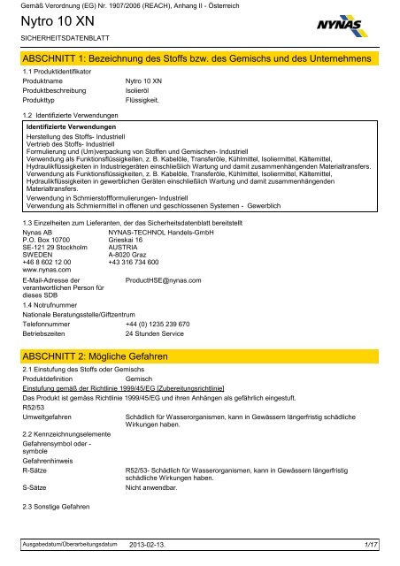 NYNAS Nytro 10 XN Sicherheitsdatenblatt - Barth GmbH