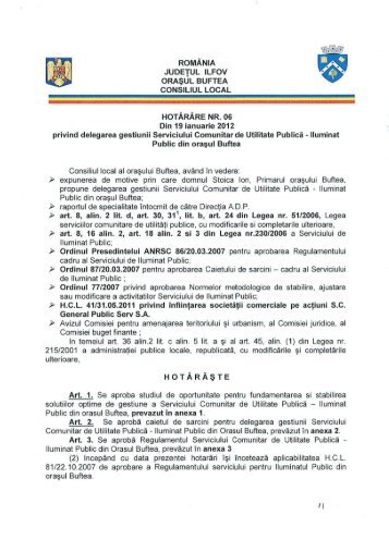 HotÃ£rÃ¢rea Consiliului Local nr. 06 din 19 Ianuarie ... - Primaria buftea