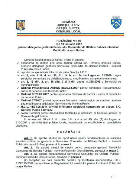 HotÃ£rÃ¢rea Consiliului Local nr. 06 din 19 Ianuarie ... - Primaria buftea