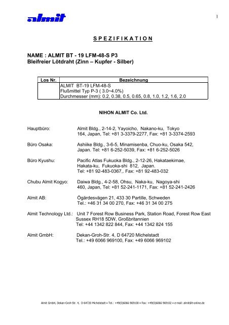S P E Z I F I K A T I O N NAME : ALMIT BT - 19 LFM-48-S P3 ...
