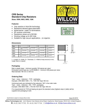 Standard Chip Resistors Type: CRS Sizes: 0504 ... - Willow.co.uk