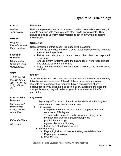 Psychiatric Terminology Texas Health Science