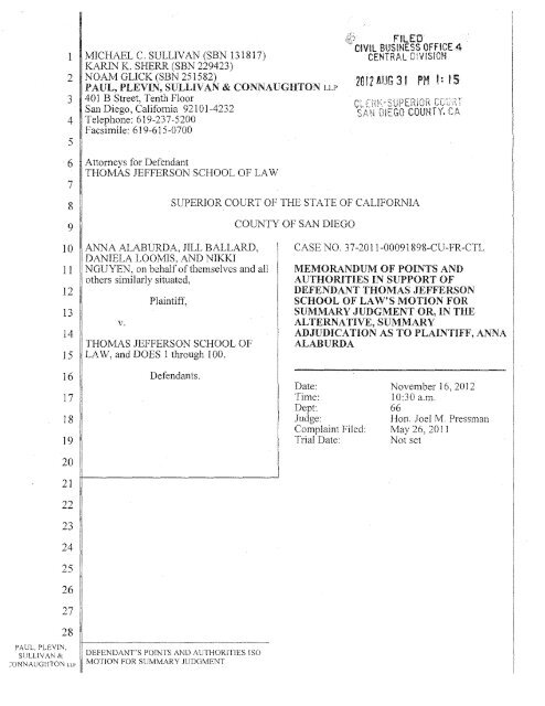 TJSL Memorandum in Support of Summary Judgment Motion