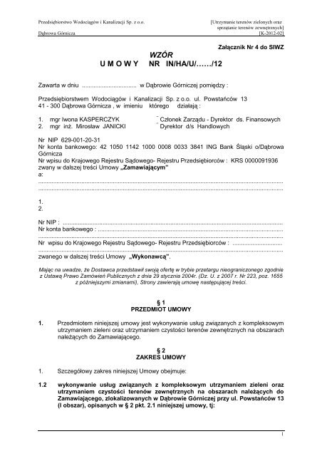 Wzór umowy - PWiK Dąbrowa Górnicza