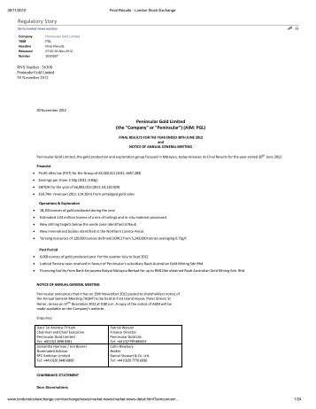 Final Results - Peninsular Gold Limited