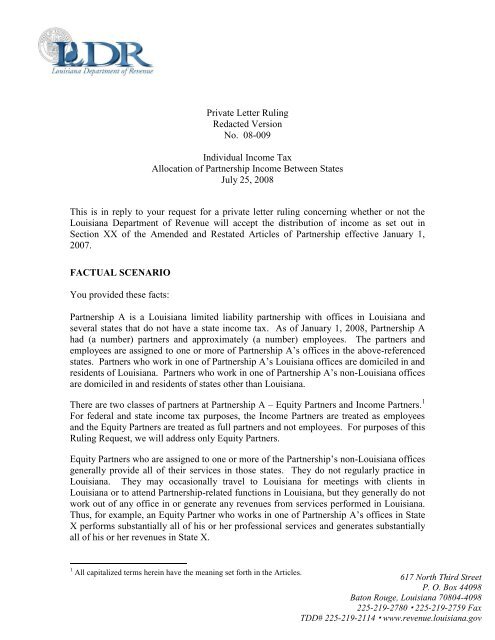 Private Letter Ruling Redacted Version No. 08-009 ... - Louisiana