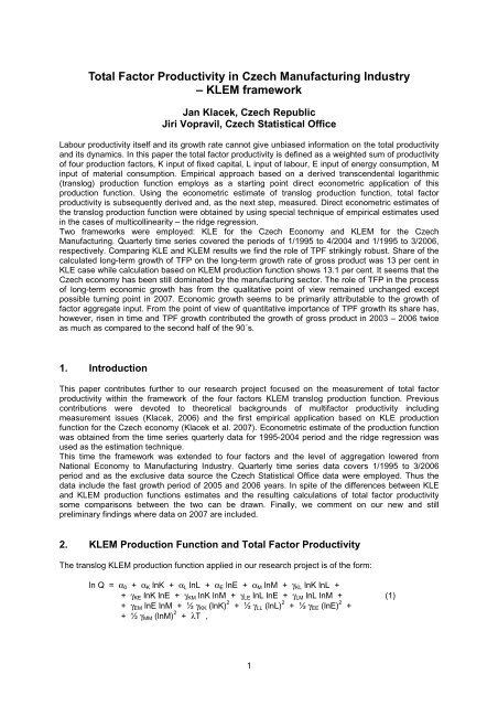 Total Factor Productivity In Czech Manufacturing Industry A Klem Total Factor Productivity In Czech Manufacturing Industry A Klem
