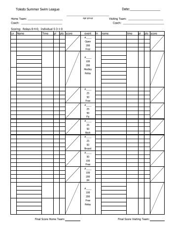 Dual Meet Score Sheets - Toledo YMCA Swimming