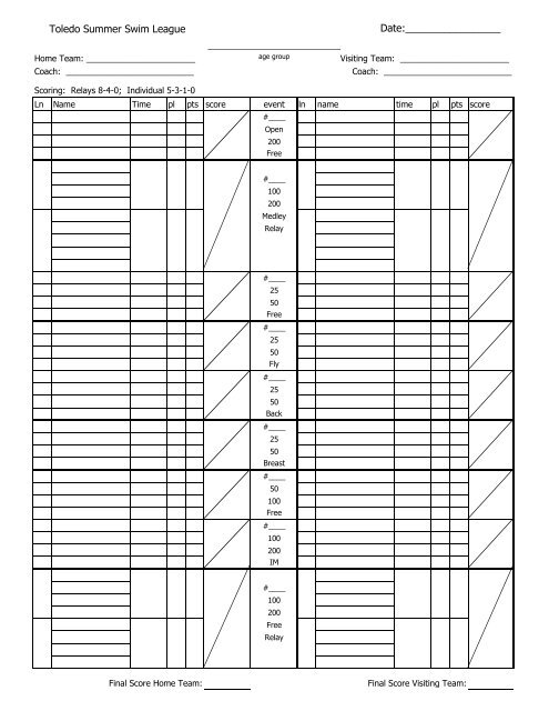 Dual Meet Score Sheets - Toledo YMCA Swimming