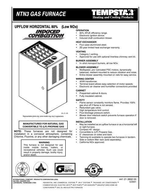 NTN3 GAS FURNACE UPFLOW HORIZONTAL 80% (Low NOx)