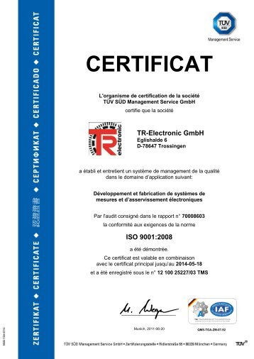 CERTIFICAT - TR-Electronic GmbH