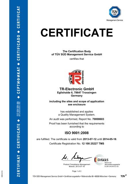 CERTIFICAT - TR-Electronic GmbH