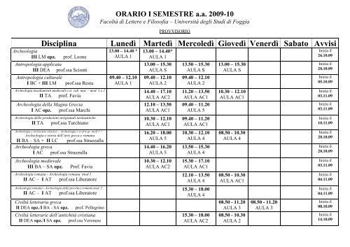 Orario lezioni I semestre A.A. 2009-2010 - Lettere e filosofia