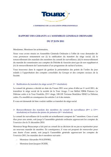 Rapport Ã  l'assemblÃ©e gÃ©nÃ©rale ordinaire - Touax