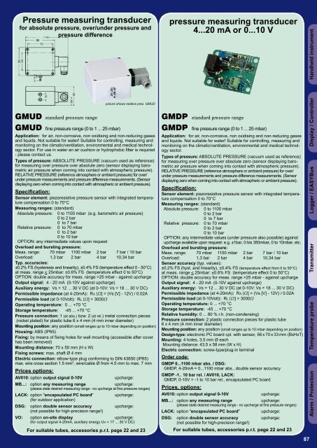 Pressure Measuring Transducer 420 Ma Or 010 V Pressure