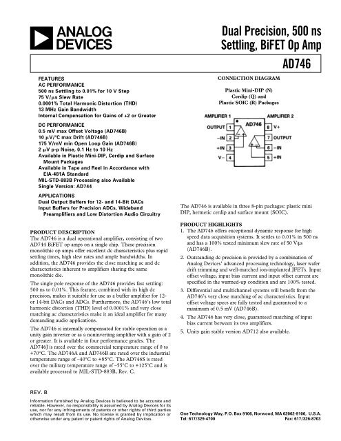 AD746 Dual Precision, 500 ns Settling, BiFET Op ... - Analog Devices