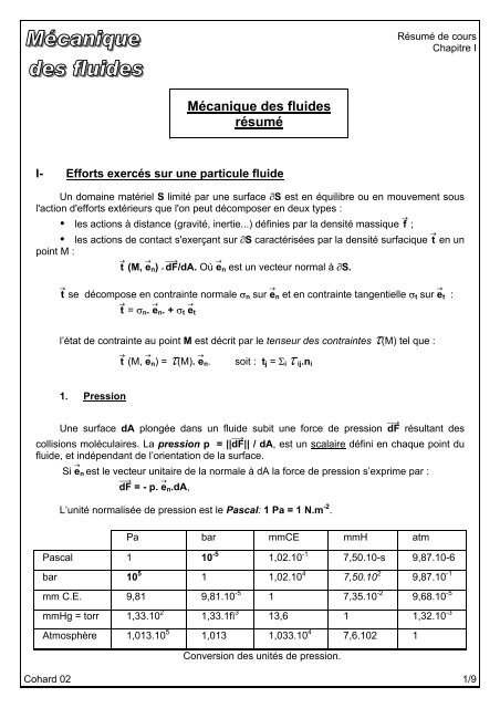 Mécanique des fluides résumé - LTHE