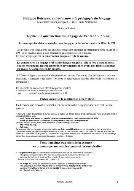 Philippe Boisseau, Introduction Ã  la pÃ©dagogie du langage Chapitre ...