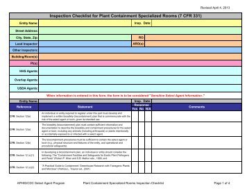 Plant Containment Checklist - Select Agent Program