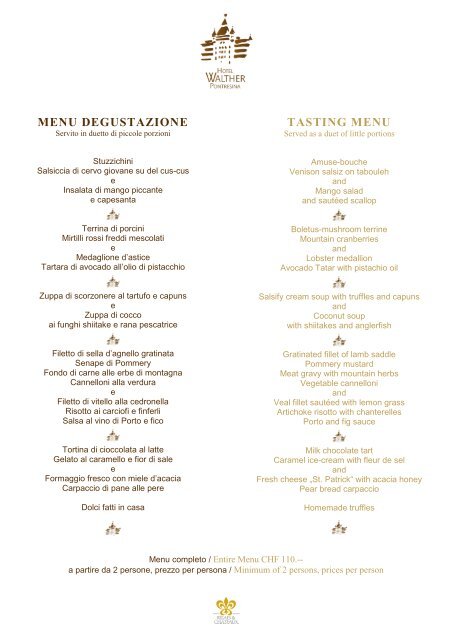 MENU DEGUSTAZIONE TASTING MENU - Hotel Walther