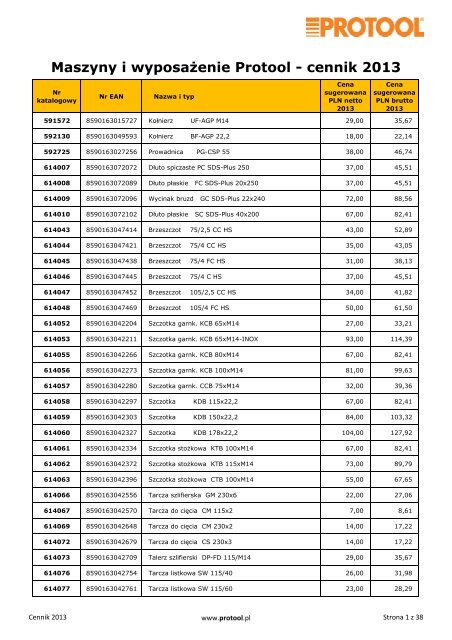 Maszyny i wyposaÅ¼enie Protool - cennik 2013 - Luna Polska
