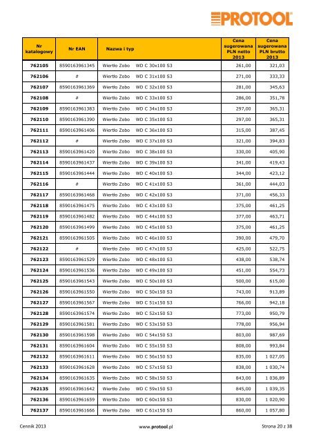 Maszyny i wyposaÅ¼enie Protool - cennik 2013 - Luna Polska