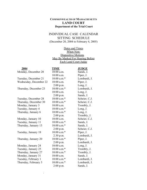 land court individual case calendar sitting schedule - Massachusetts ...