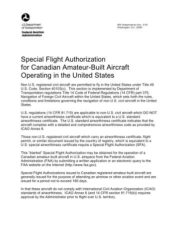 Special Flight Authorization for Canadian Amateur-Built ... - FAA