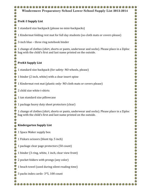2013 2014 Supply List Windermere Preparatory School