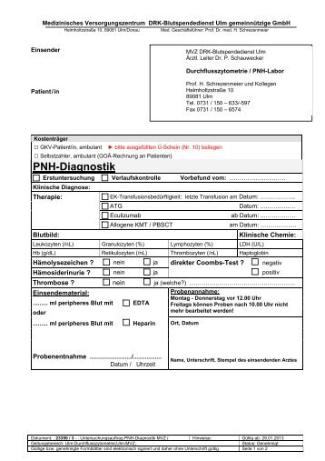 Anforderungsschein PNH MVZ Ulm - DRK-Blutspendedienste