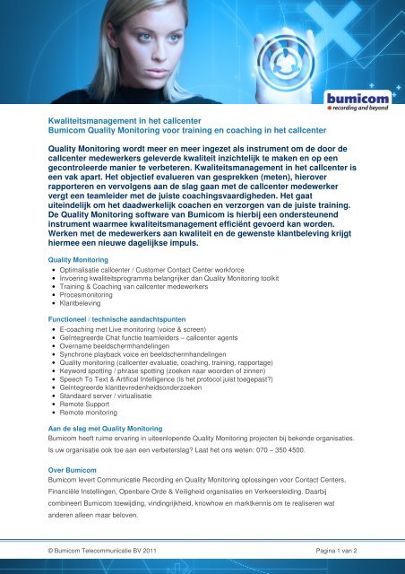 Kwaliteitsmanagement in het callcenter Bumicom Quality Monitoring ...