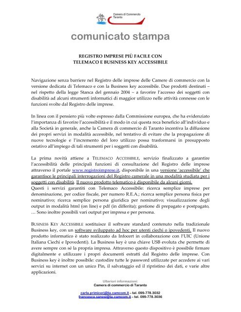 comunicato stampa - Camera di commercio di Taranto