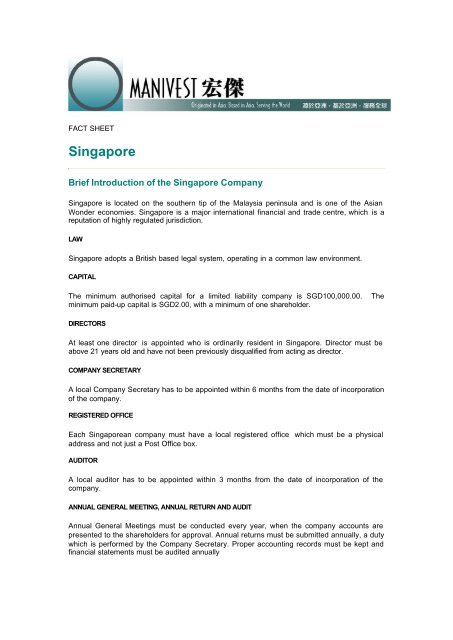 Singapore Fact Sheet - English - Manivest Asia