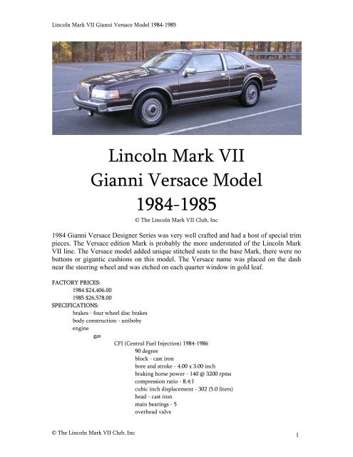 Lincoln Mark VII Gianni Versace Model 1984-1985 - The Lincoln ...