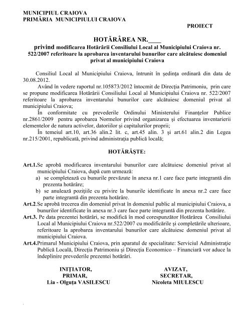 Proiect de hotărâre privind modificarea ... - Primaria Craiova