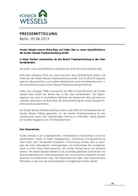 PRESSEMITTEILUNG Berlin, 05.06.2013 - Kondor Wessels