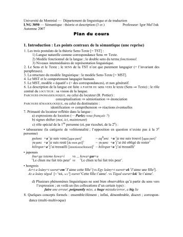 Plan du cours 1. Introduction : Les points centraux de la sÃ©mantique ...