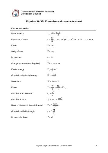 Physics 3A/3B: Formulae and constants sheet