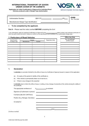 Application for Initial Certificate(s) of Approval for Individual Road ...