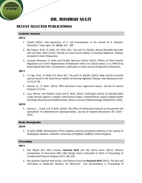 Dr Rosimah Nulit Recent Selected Publications Upm