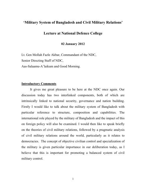 'Military System of Bangladesh and Civil Military Relations' Lecture ...