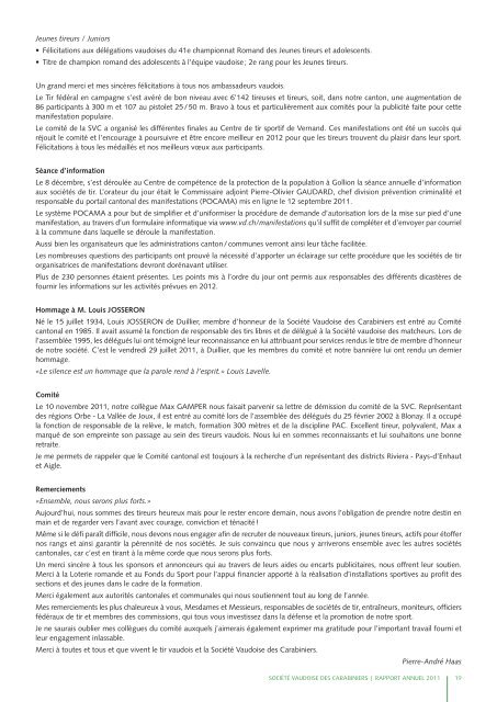 Rapport annuel 2011 - Les Tireurs Vaudois